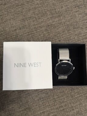 Nine West Silver Mesh Band Watch with Black Dial